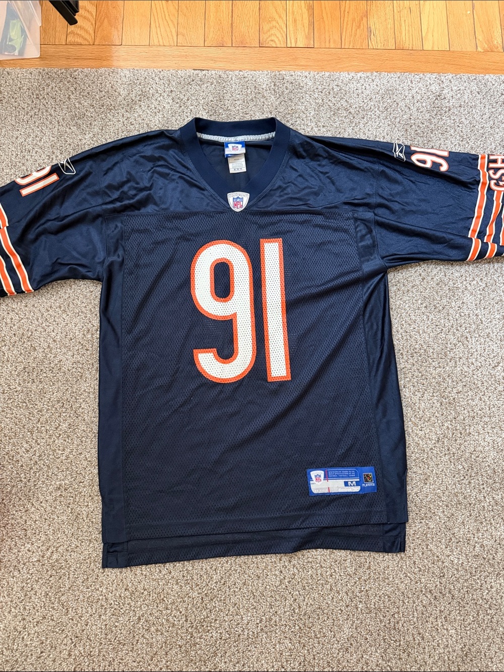 Reebok Navy Blue NFL Bears #91 Jersey with Orange and White Accents